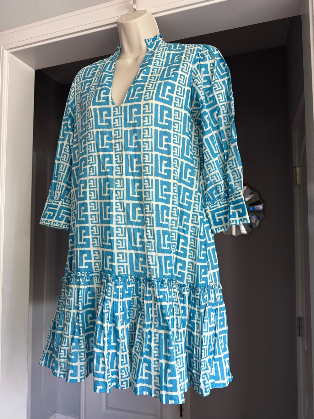 Olivia James The Label XS Blue White Geometric Print Tiered Ruffle Cotton Dress - Picture 3 of 10